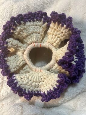 Hand Crafted Cream and Purple Crochet Ruffled Hair Scrunchie